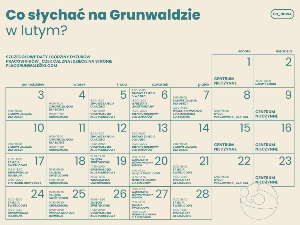 Kolorowa grafika: na beżowym tle zielony napis: co słychać na Grunwaldzie w grudniu? Poniżej kalendarz z rozpisanymi wydarzeniami.